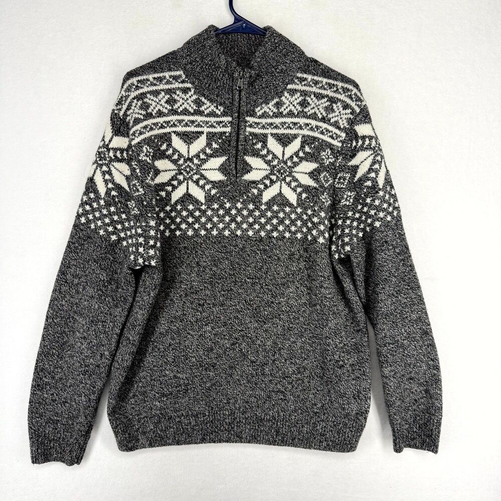 Croft & Barrow Men's Fair Isle Snowflake Quarter Zip Sweater Large Gray Black
